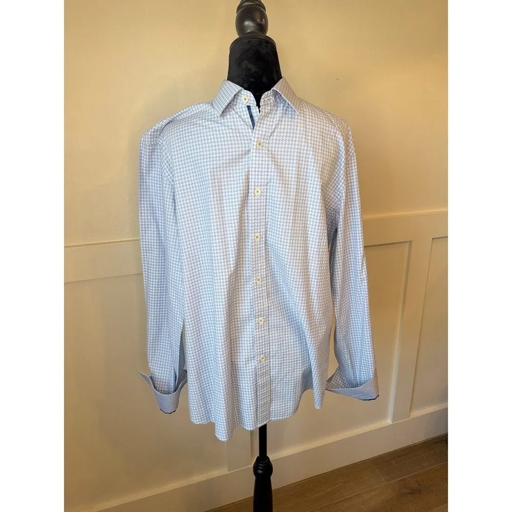 Bugatchi Uomo Men's Shaped Fit Dress Shirt Blue White Pattern Long Sleeve‎ Large - Picture 2 of 8